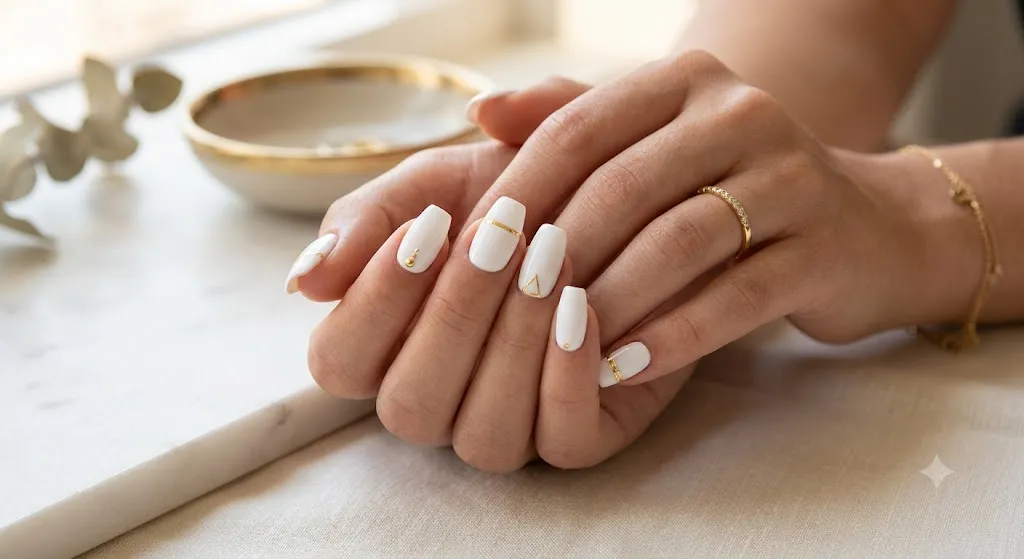 White and Gold Acrylic Nails
