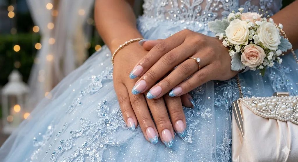 Pastel Blue Glitter French Tips