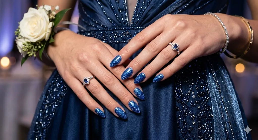 Glitter Blue Almond Nails