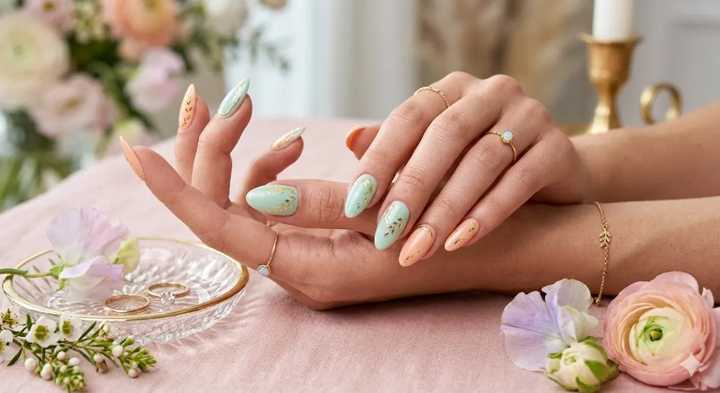Pastel Gold Accent Almond Nails