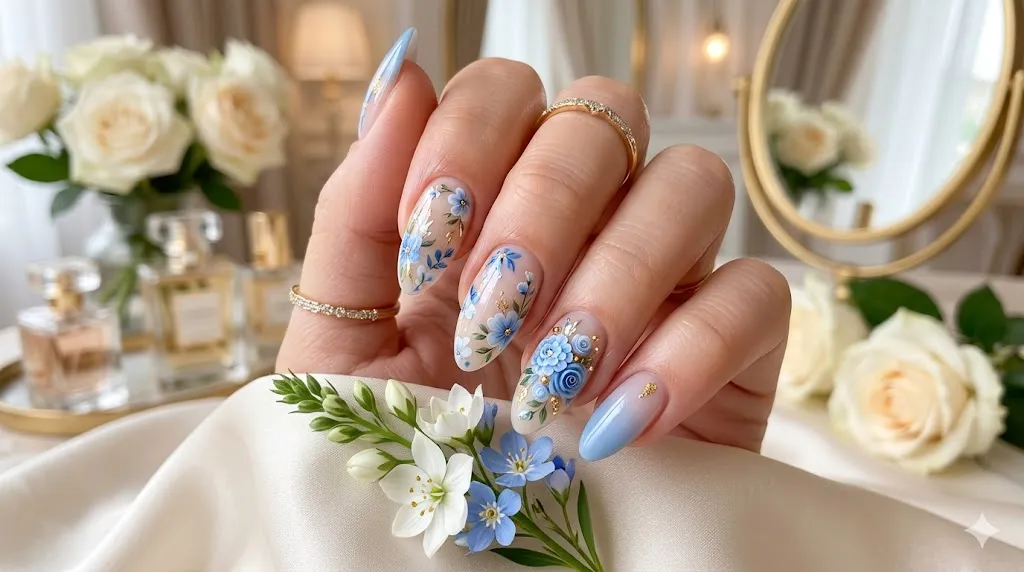 Blue Floral Nails