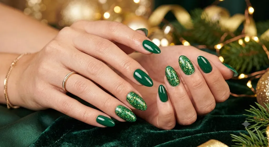 Green Glitter Accent Nails