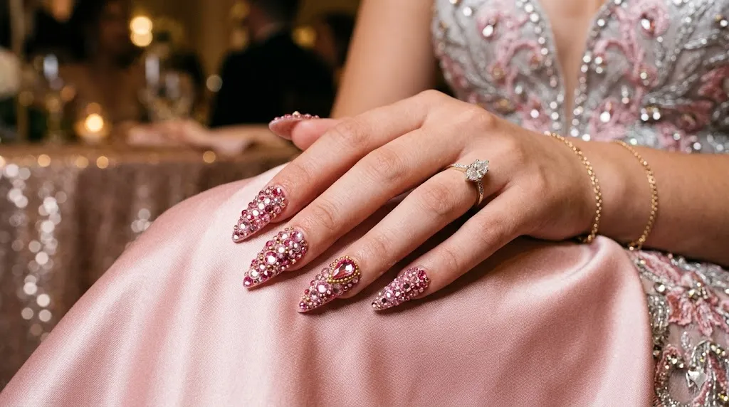 Pink Rhinestone Accent Nails