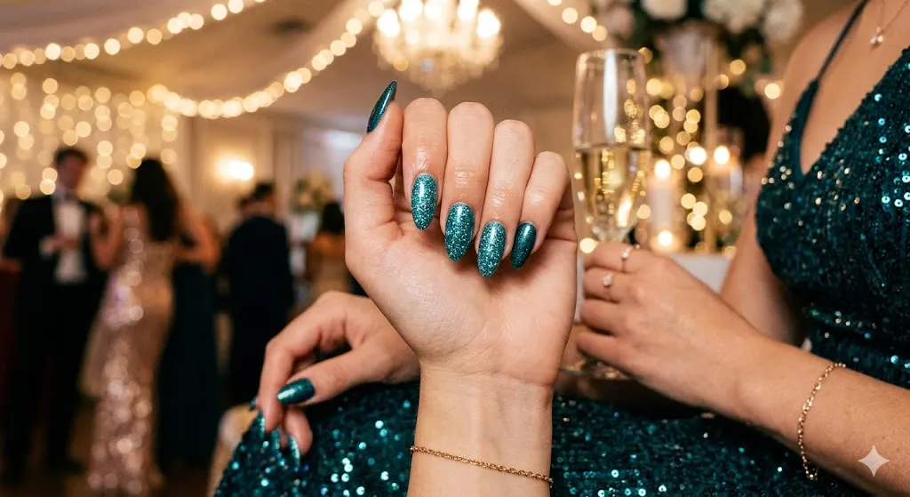Teal Glitter Accent Nails