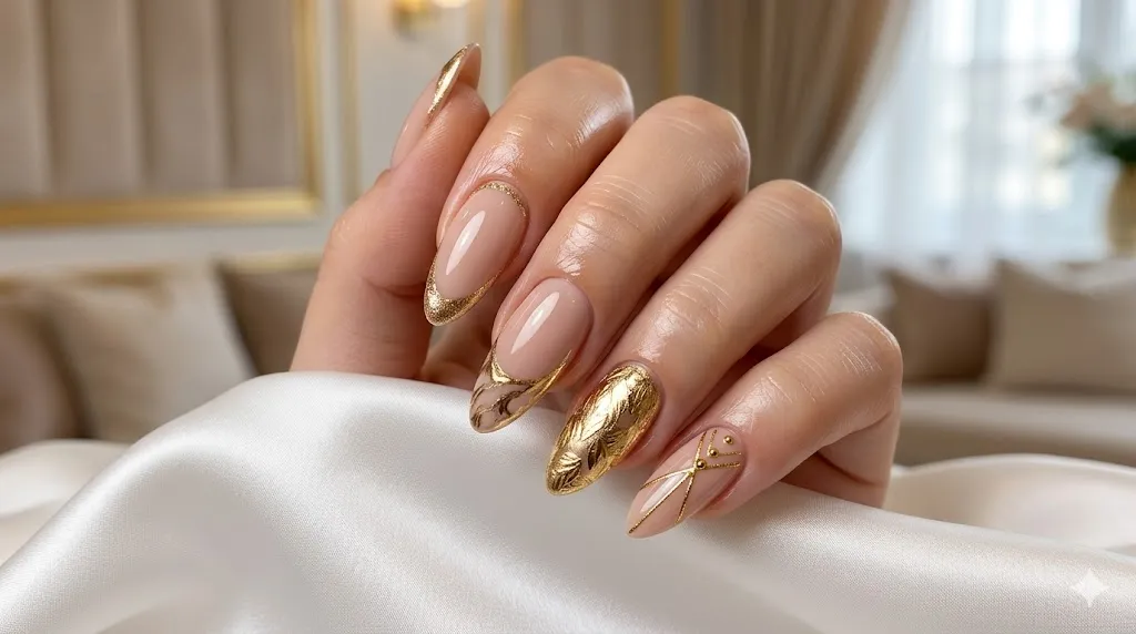 Nude and Gold Gel Nails