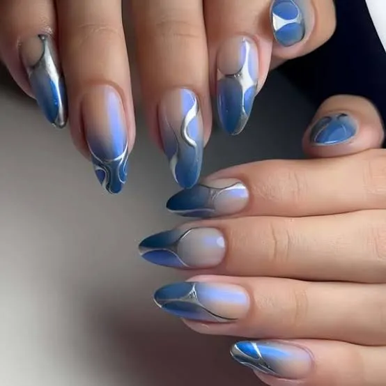 Ombre Blue Nails with Silver Accents