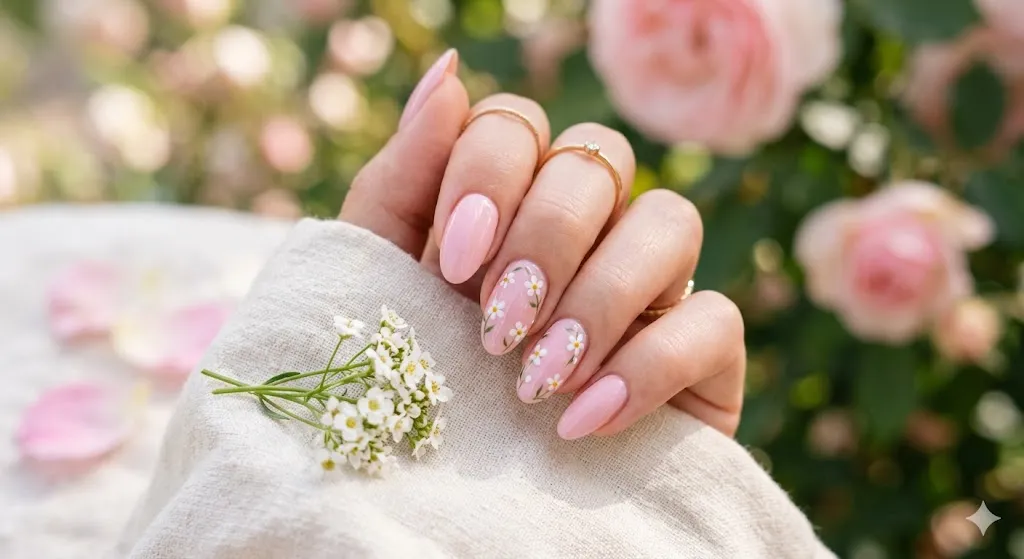 Soft Pink Nails with Tiny Florals