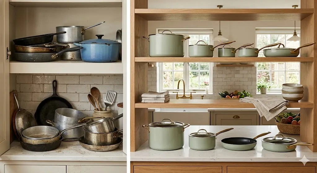 Mismatched Cookware on Display