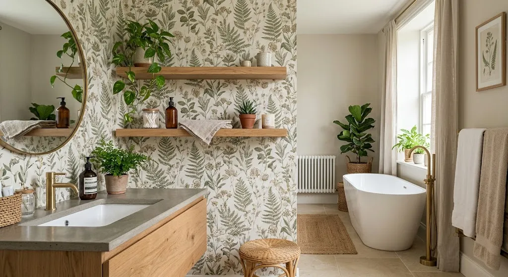 Use Botanical Wallpaper with Wood Accents