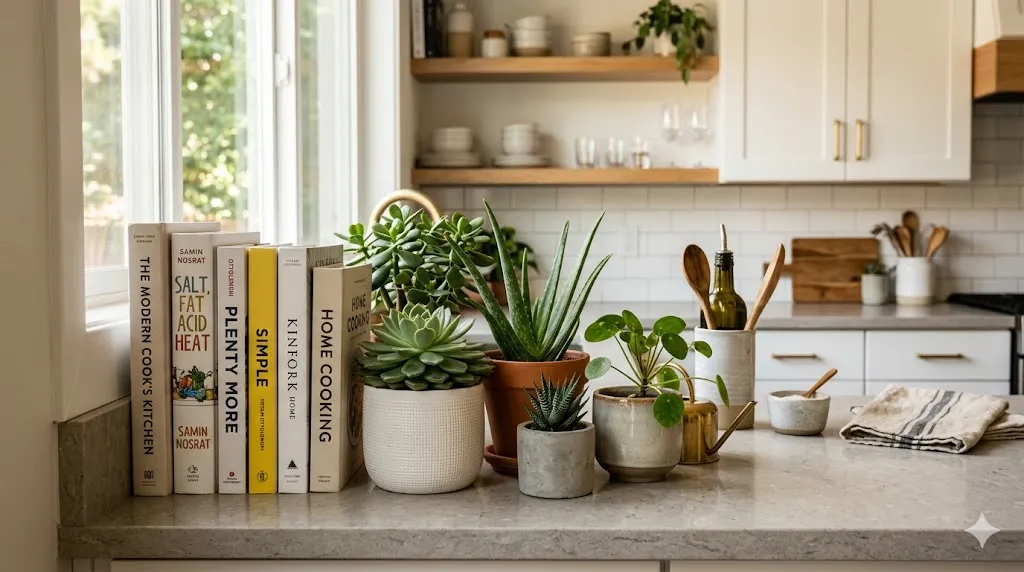 Display Cookbooks and Small Plants