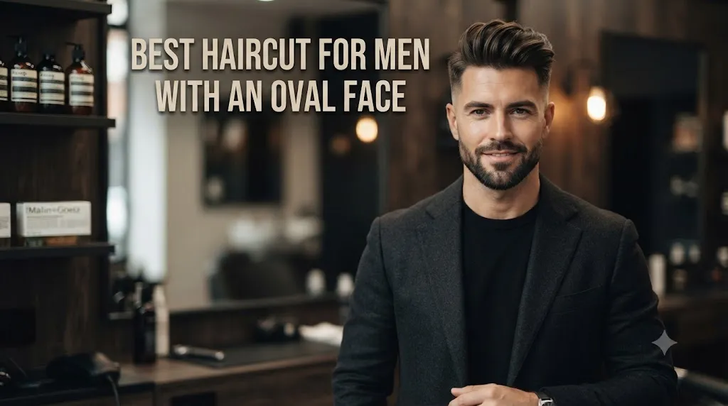 Create a high-quality, modern featured blog banner image for an article titled “Best Haircut for Men With an Oval Face.” The scene should show a stylish adult man with an oval face shape, well-groomed and confident, showcasing a trendy, flattering haircut such as a textured quiff, fade, or side part. The focus should highlight facial balance, symmetry, and how the hairstyle suits an oval face shape. Use a clean, professional barbershop or minimalist studio background with soft cinematic lighting. The image should feel premium, masculine, and fashion-forward, like a grooming magazine editorial. Ultra-realistic, highly detailed, shallow depth of field with a softly blurred background. Include elegant typography on the image with the text: “Best Haircut for Men With an Oval Face” Text style: modern sans-serif font, bold but clean, placed in a visually balanced area (top or center-left), white or light beige color with subtle shadow for readability. The text should blend naturally into the design without overpowering the subject. No logos, no watermarks, no clutter. Ensure the subject remains the focal point. Aspect ratio: 16:9, hero banner style.