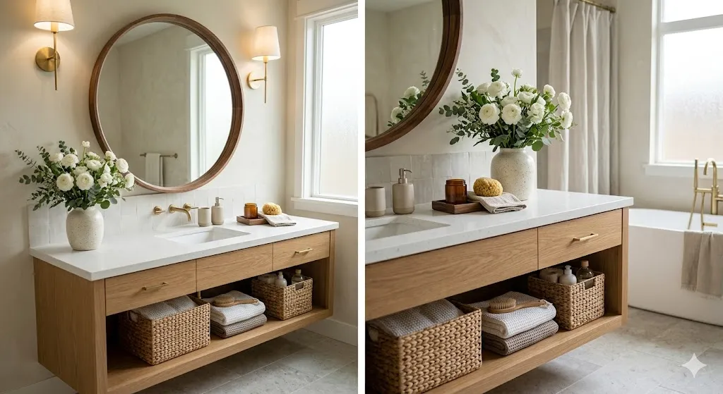 Create a Warm Vanity Area with Woven Baskets