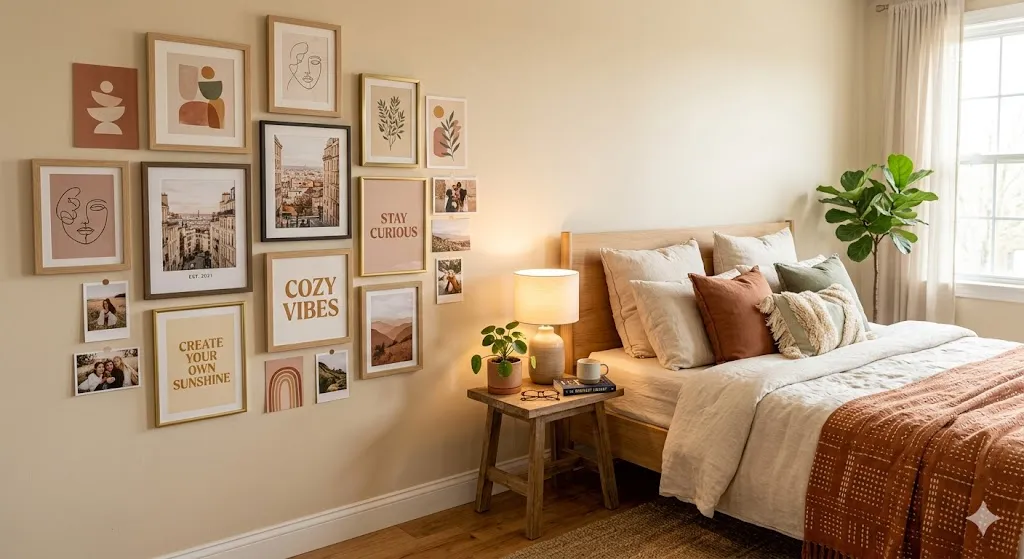 Aesthetic Wall Collage Beside the Bed