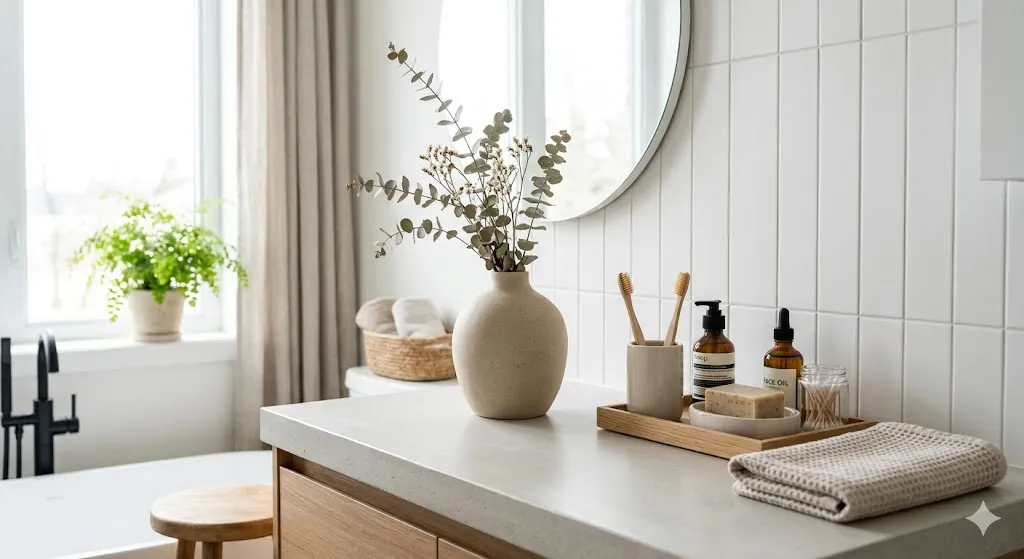 Neutral Ceramic Vase With Bathroom Essentials