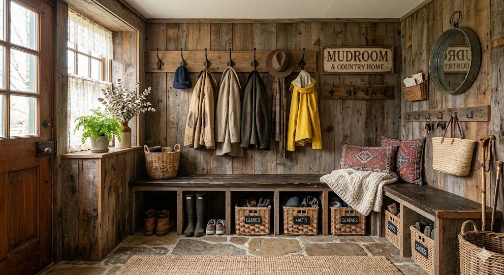 Rustic Wood Panel Mudroom