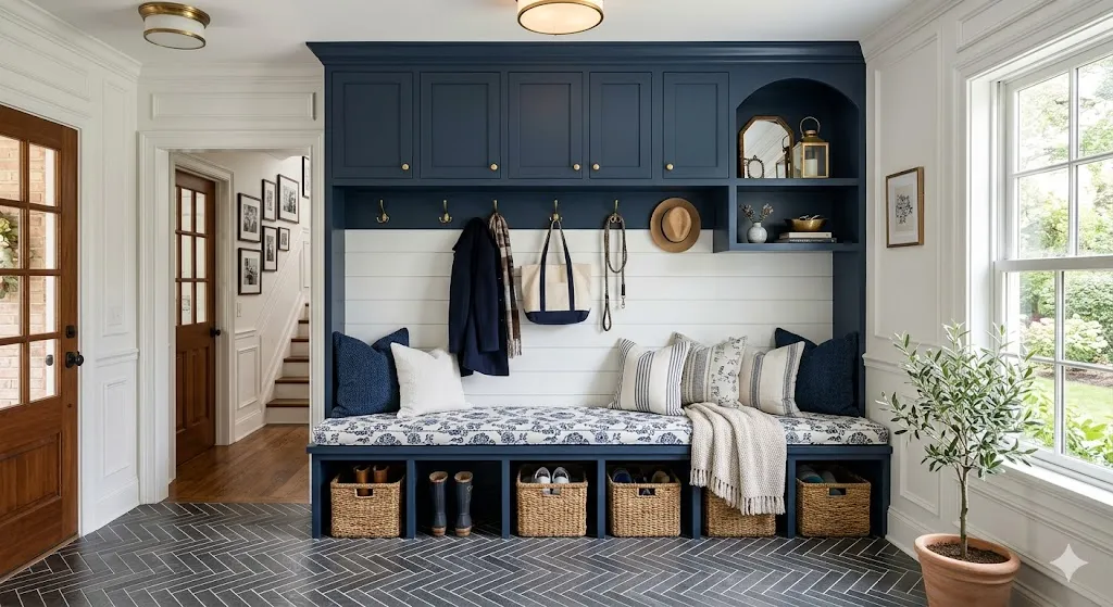 Navy and White Mudroom Design